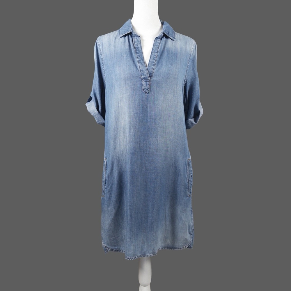 Cloth & Stone Chambray Shirt Dress XS Blue Tencel Soft Roll Tab Sleeves Pockets